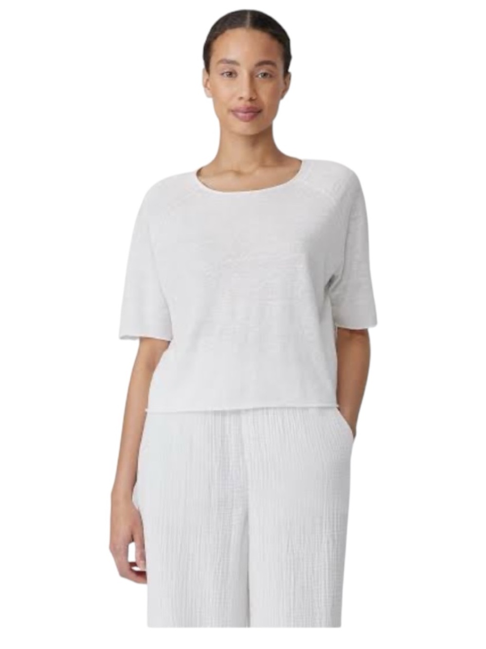 Eileen Fischer Organic Linen/Cotton Jewel Neck Top White Size L